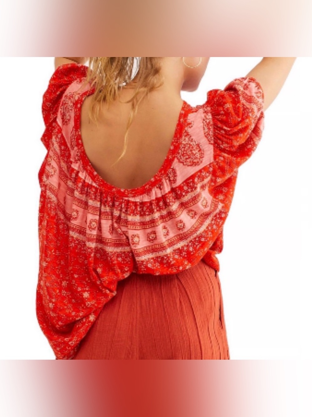 Free People orange & pink paisley/floral print peasant top
